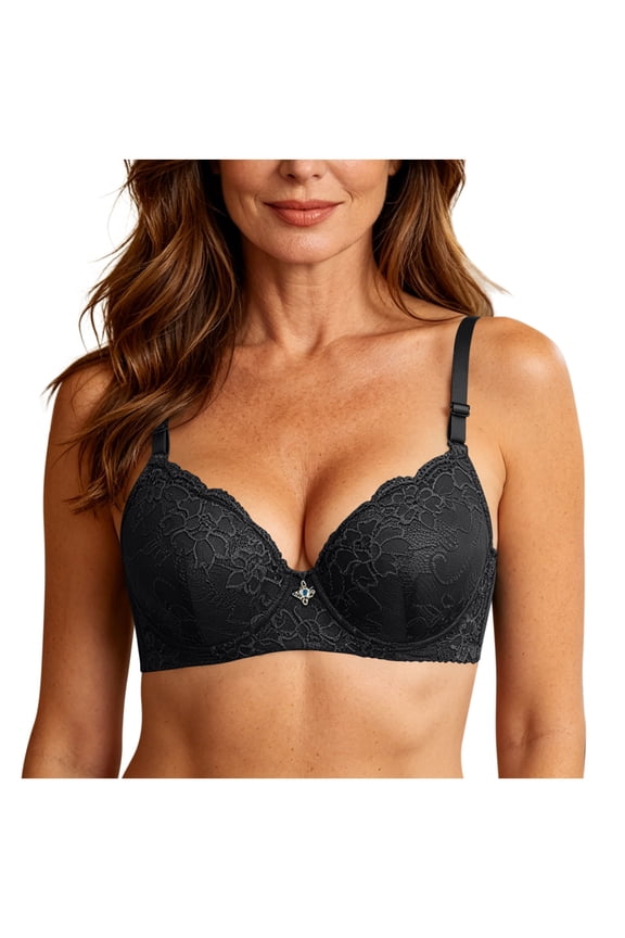 Womens Push Up Bra Lace Embroidery Shaping Underwire Bralette Sparkly Crystal Ornament Adjustable Straps Full Coverage Support Elegant Daily Lingerie Black 42