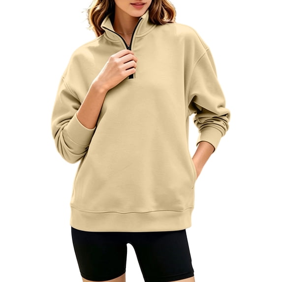 Qgtaibl Womens Quarter Zip Pullover Sweatshirts Stand Collar Drop Shoulder Long Sleeve Tops with Pockets Soft Lightweight Fleece Fall Clothing Khaki M