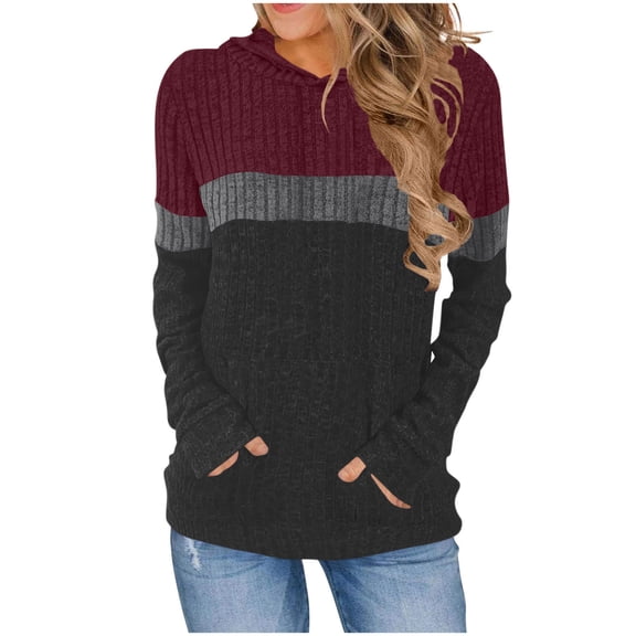 Qgtaibl Womens Ribbed Knit Hoodies Color Block Long Sleeve Lounge Pullover Tops Soft Stretchy Hooded Sweatshirt with Kangaroo Pocket Wine XXL