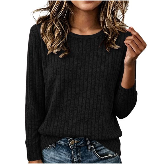 Qgtaibl Womens Ribbed Knit Long Sleeve Tops Crew Neck Soft Stretchy Lounge Blouse Loose Fit Basic Daily Pullover Shirts Black L