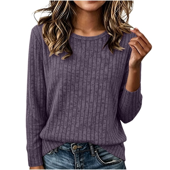 Qgtaibl Womens Ribbed Knit Long Sleeve Tops Crew Neck Soft Stretchy Lounge Blouse Loose Fit Basic Daily Pullover Shirts Purple XL