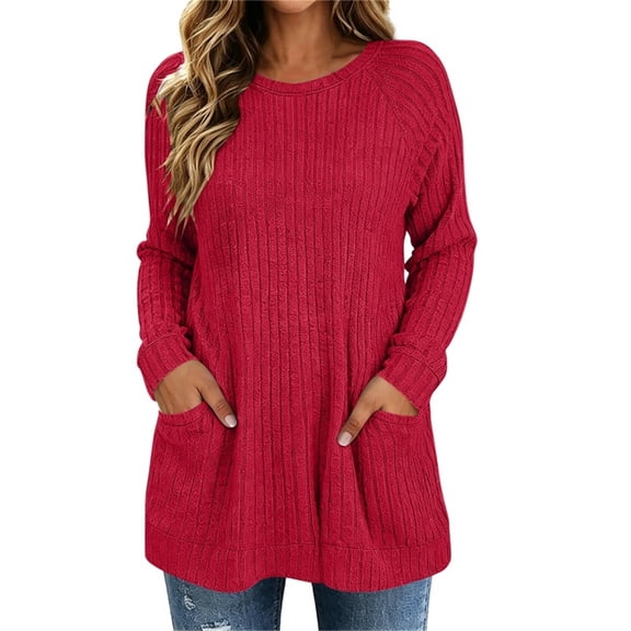 Qgtaibl Womens Ribbed Knit Tunic Tops Crew Neck Raglan Long Sleeve Lounge Blouses Loose Fit Soft Fall Pullover Shirts with Pockets Red S