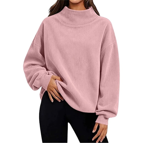 Qgtaibl Womens Ribbed Turtleneck Sweatshirt Long Sleeve Drop Shoulder Oversized Corduroy Pullovers Solid Color Casual Loose Fit Fall Tops Pink M