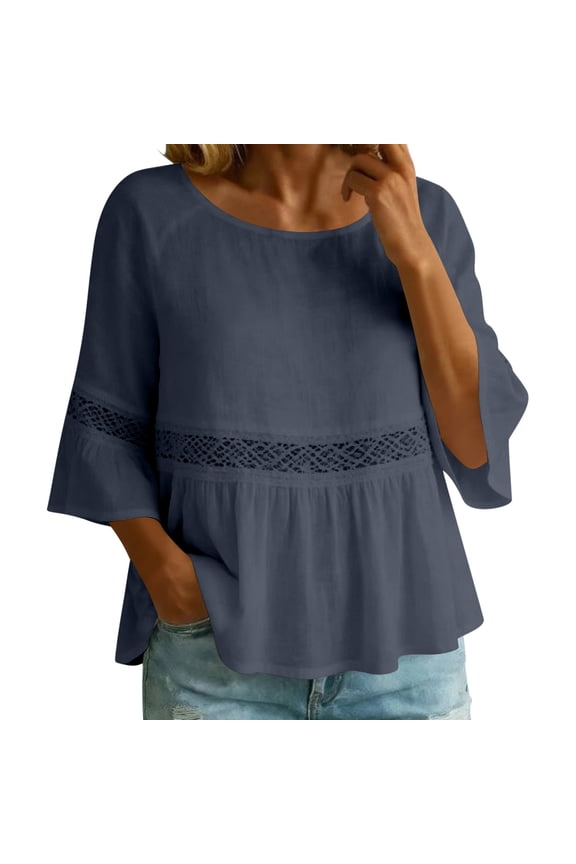 Womens Round Neck Cotton Shirts 3/4 Flare Sleeve Lace Cutout Peplum Blouse Casual Empire Waist Pleated Loose Fit Tops Navy S