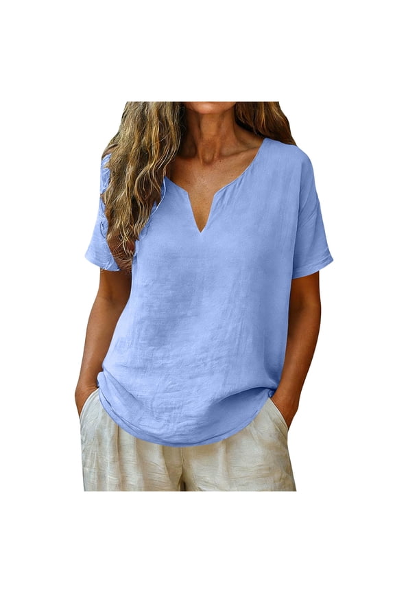 Womens Short Sleeve Tops Casual Cotton Linen Gauze V Neck Blouse Summer Solid Color Loose Fit Lightweight Shirts Light Blue XXL