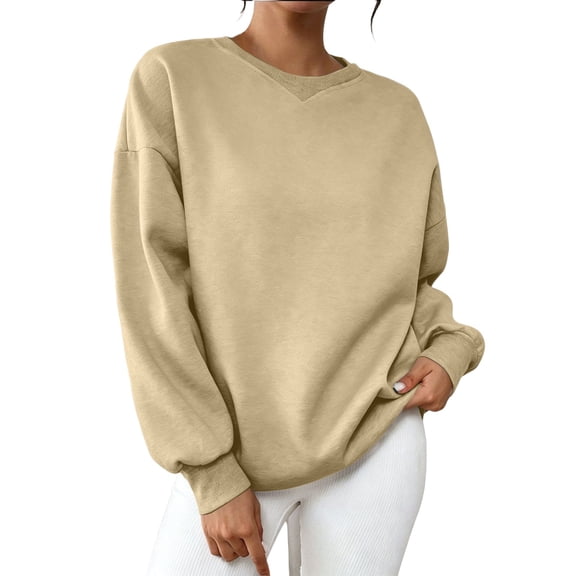 Qgtaibl Womens Solid Color Crewneck Sweatshirts Drop Shoulder Long Sleeve Lounge Tops Soft Fleece Fall Pullovers Everyday Layer Outfit Khaki XL