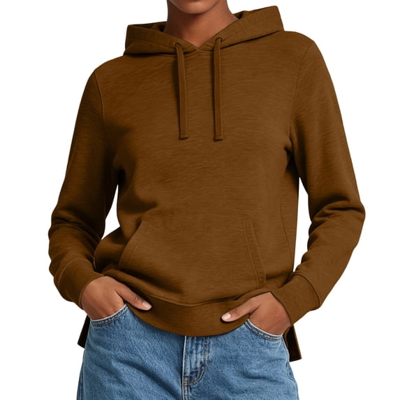 Qgtaibl Womens Solid Color Hooded Sweatshirts Kangaroo Pocket Long Sleeve Pullover Tops 2026 Fall Fleece Basic Hoodies Brown M