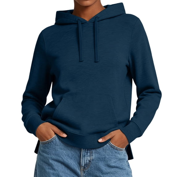 Qgtaibl Womens Solid Color Hooded Sweatshirts Kangaroo Pocket Long Sleeve Pullover Tops 2026 Fall Fleece Basic Hoodies Navy M