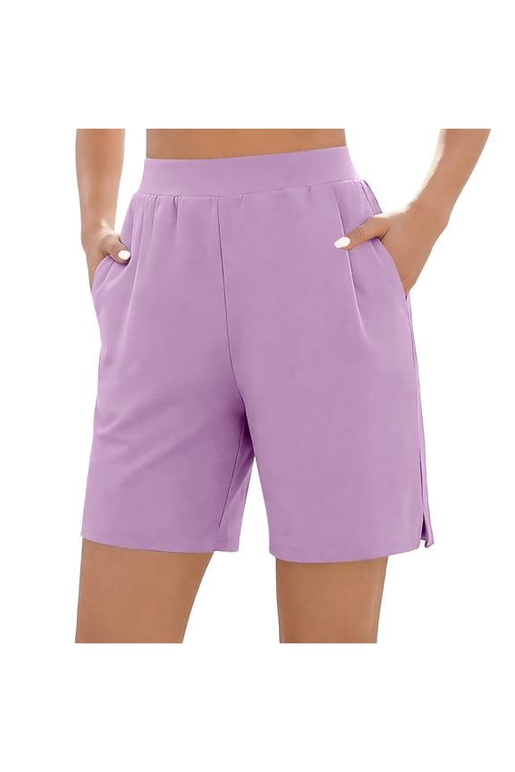 Womens Solid Color Lounge Shorts High Waisted Split Hem Bermuda Shorts Summer Loose Fit Comfy Straight Leg Shorts with Pockets for Work Daily Wear Purple XXL