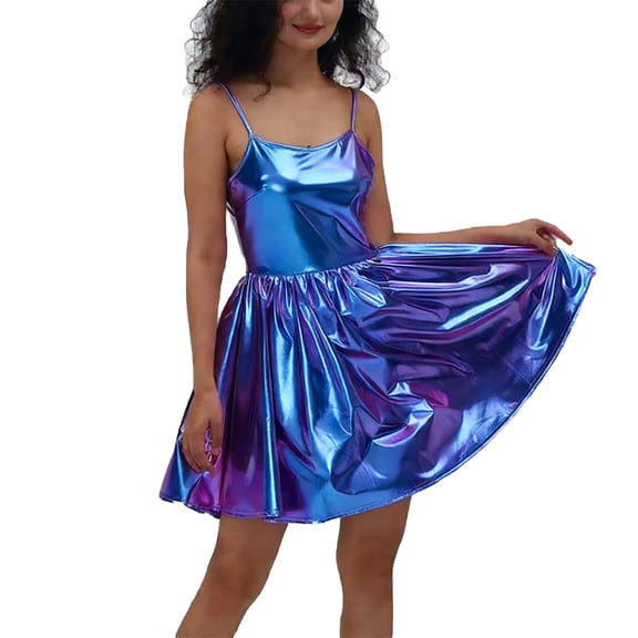 Qgtaibl Womens Solid Color Mini Dress Spaghetti Straps Party Dress Fashion Pleated Short Dress Tummy Control Tunic Dresses Summer Lightweight Swing Dresses Blue S