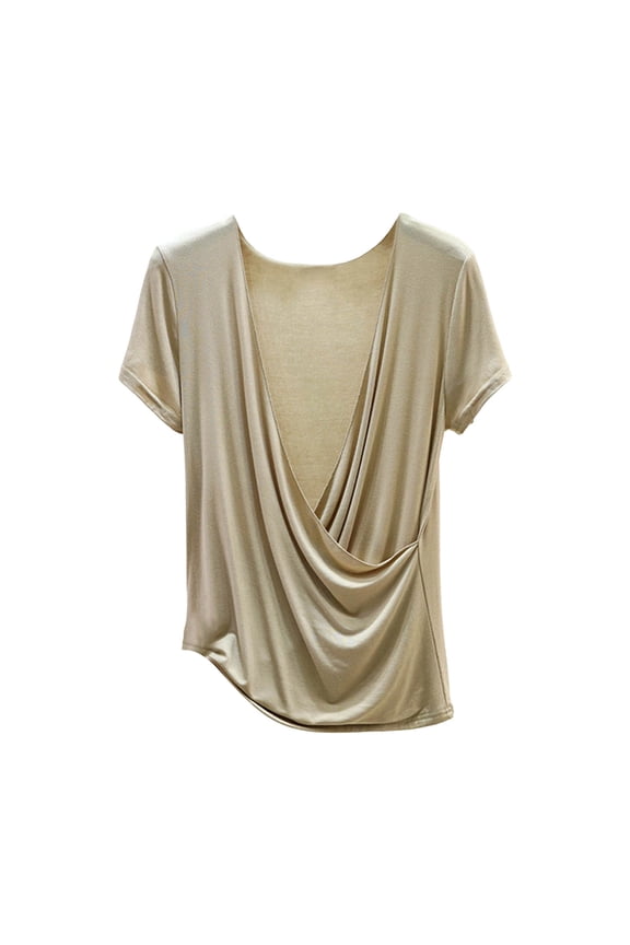 Womens Solid Color Plus Size Wrap Tops Sexy Deep V Neck Modal T Shirt Summer Short Sleeve Loose Fit Lounge Blouse Beige M