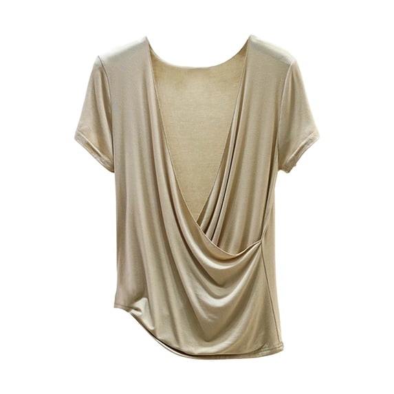 Qgtaibl Womens Solid Color Plus Size Wrap Tops Sexy Deep V Neck Modal T Shirt Summer Short Sleeve Loose Fit Lounge Blouse Beige XL