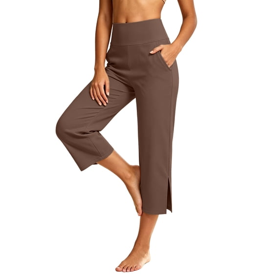 Qgtaibl Womens Straight Leg Capri Pants High Waist Tummy Control Stretch Wide Leg Lounge Pants Side Split Workout Cropped Pants with Pockets Brown XXXL