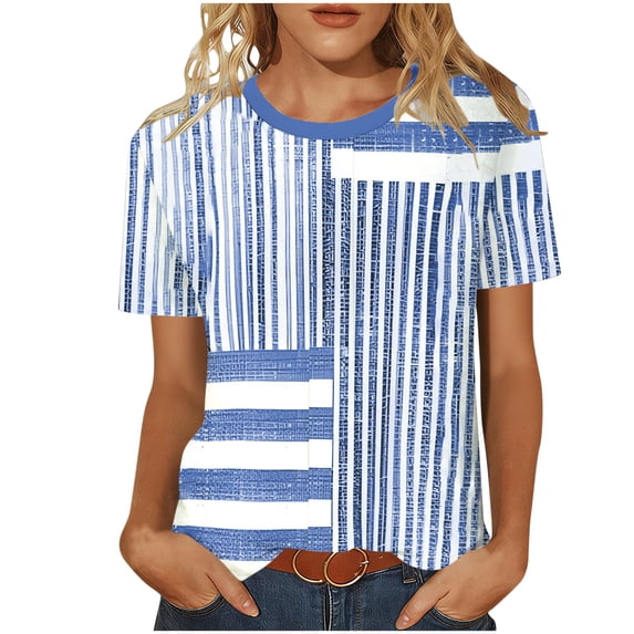 Qgtaibl Womens Striped Crew Neck T Shirts Casual Short Sleeve Color Block Collar Tee Loose Fit Lightweight Summer Daily Wear Tops Zc_Navy S