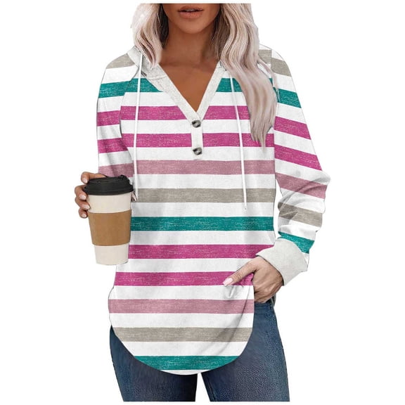Qgtaibl Womens Striped Hoodie Sweatshirt Button V Neck Long Sleeve Drawstring Pullovers Curved Hem Loose Fit Daily Outfit Shirts Hot Pink L