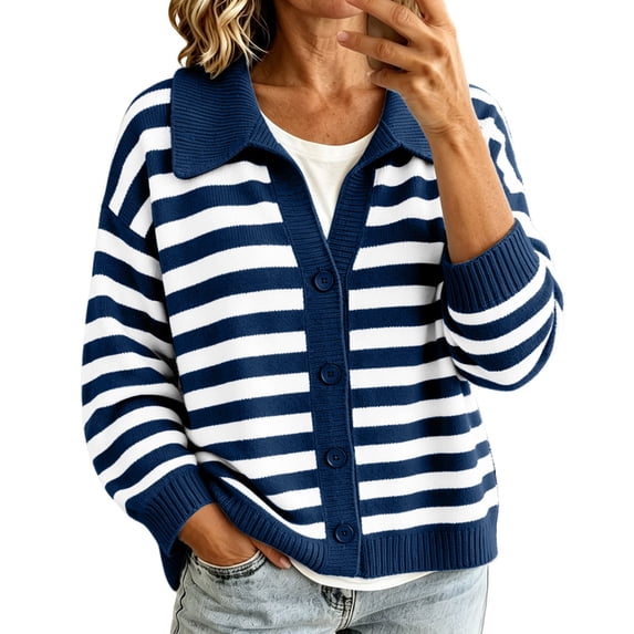 Qgtaibl Womens Striped Jacket Color Block Long Sleeve Knit Outfit Loose ...