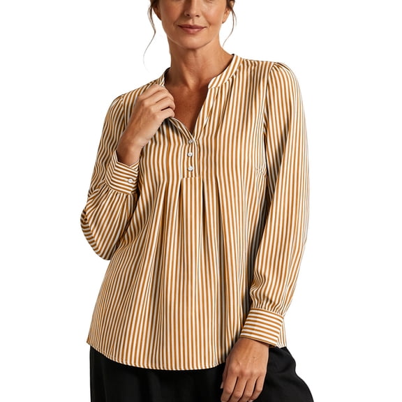 Qgtaibl Womens Striped Shirts Button Split V Neck Pleated Henley Blouses Puff Long Sleeve Loose Fit Office Daily Tops Khaki XL