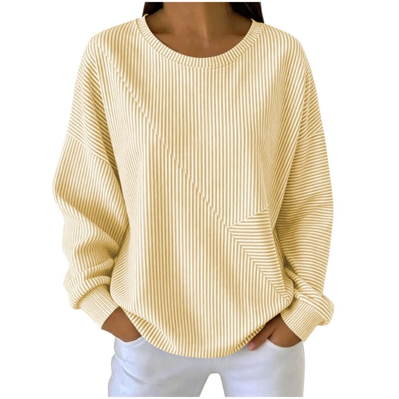 Qgtaibl Womens Striped Sweatshirts Crew Neck Long Sleeve Lounge Blouse Loose Fit Everyday Pullover Tops Yellow L
