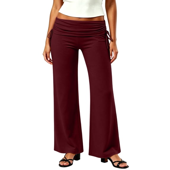 Qgtaibl Womens Sweatpants Fashion Fold Over Ruched Flare Lounge Pants Side Drawstring Soft Loose Fit Workout Trousers Wine L