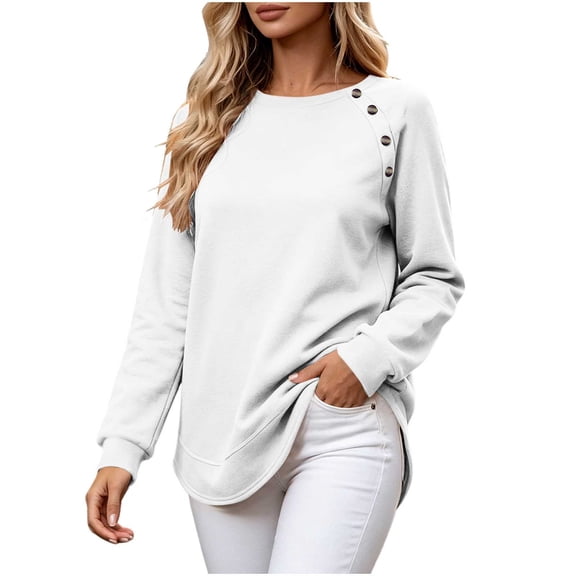 Qgtaibl Womens Thin Fleece Long Sleeve Shirts Crew Neck Elastic Cuff Shoulder Decor Buttons Tunics Fall Thermal Loose Fit Casual Blouses White XXL