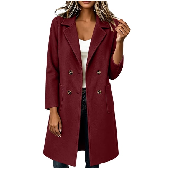 Qgtaibl Womens Trench Coat Loose Fit Double Breasted Long Jacket with Pockets Fall Solid Color Long Sleeve Outerwear for Office Business Casual Wear Wine XXL
