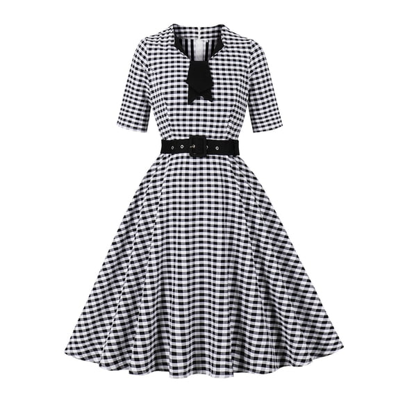 Qgtaibl Womens V Neck Gingham Dresses Summer Short Sleeve Hide Belly Dress Pleated Midi Dresses with Belt Fashion Flowy Lightweight Color Block Dress Black XL