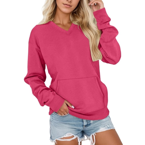 Qgtaibl Womens V Neck Long Sleeve Sweatshirts Solid Color Kangaroo Pocket Pullovers Fall Fleece Thermal Shirts Watermelon Red L