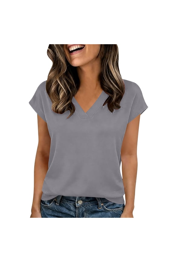 Womens V Neck T Shirts Summer Short Sleeve Loose Fit Comfy Blouses Basic Solid Color Cusual Work Tops Gray S