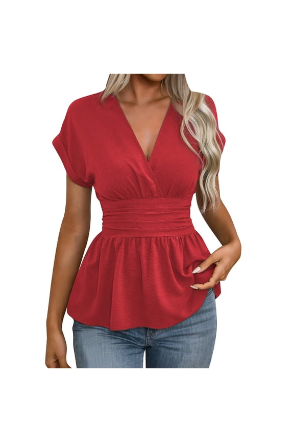 Womens V Neck Wrap Tops Summer Short Sleeve Slim Fit Peplum Blouses Fashion Ruched Waist Ruffled Hem Flowy Shirts Red L