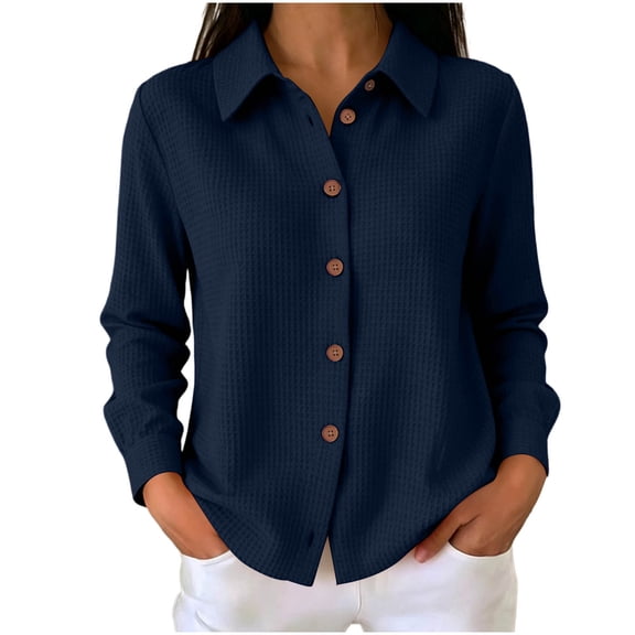 Qgtaibl Womens Waffle Knit Button Down Shirts Lapel Long Sleeve Casual Tunics Solid Color Loose Fit Work Blouse Navy L