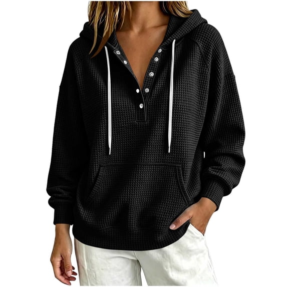 Qgtaibl Womens Waffle Knit Hoodie Half Button V Neck Drawstring Hooded Top Long Sleeve Pullover Tops with Kangaroo Pocket Za_Black S
