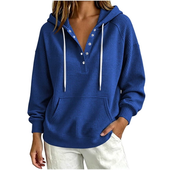 Qgtaibl Womens Waffle Knit Hoodies Button Henley Drawstring Hooded Sweatshirts Raglan Long Sleeve Loose Fit Casual Pullover Tops with Pocket Blue S
