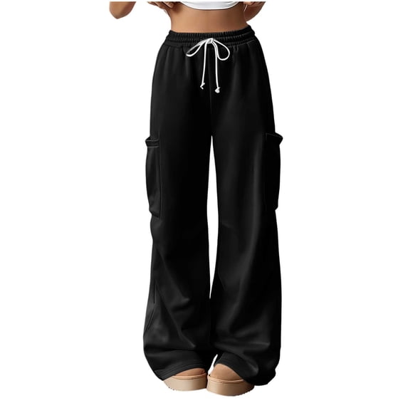 Qgtaibl Womens Wide Leg Cargo Joggers High Waist Drawstring Solid Color Sweatpants with Pockets Fall Comfort Baggy Casual Track Trousers Black XXL
