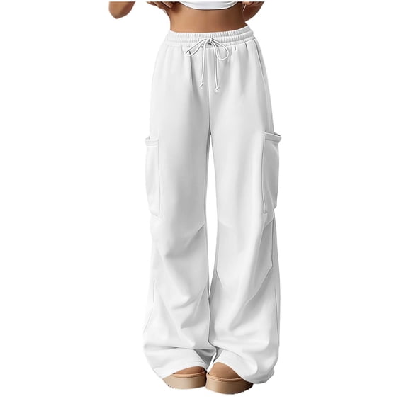 Qgtaibl Womens Wide Leg Cargo Joggers High Waist Drawstring Solid Color Sweatpants with Pockets Fall Comfort Baggy Casual Track Trousers White XXL
