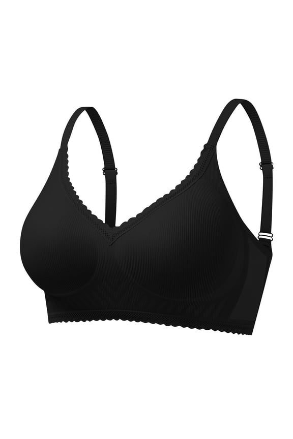 Womens Wireless Bralettes Adjustable Straps Multi-Hook Back Closure Support Daily Bra Lace Trim Ribbed Seamless 3/4 Cup Padded Comfort Bras Black XXL