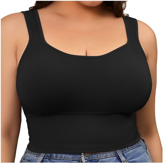 Qgtaibl Womens Wireless Bras Plus Size Ribbed Knit Square Neck Built In Bra Layering Tops Wide Straps Cropped Slim Fit Casual Daily Cami Tops Longline Pull-On Ladies Bralette Black XXXL