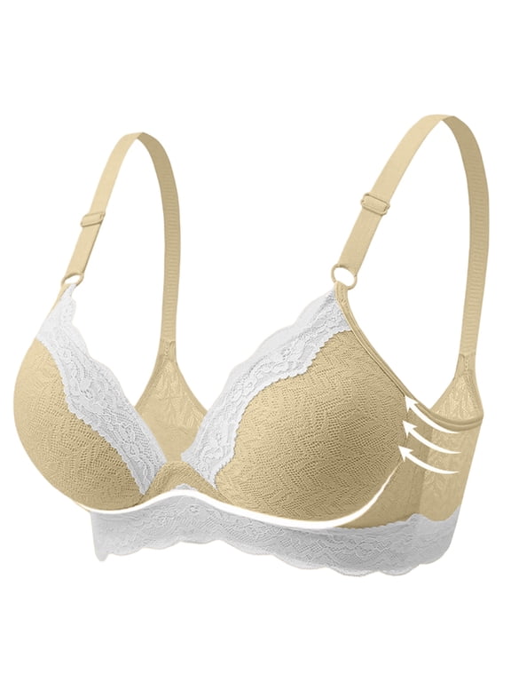 Womens Wireless Support Bras Fashion Lace Overlay Scalloped Edge Color Block Lingerie Adjustable Straps Push Up Comfort Everyday Bra Yellow 85C