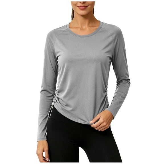 Qgtaibl Womens Workout Long Sleeve Shirts Round Neck Side Ruched Drawstring Athletic Tops Soft Stretchy Running Sports Tees Gray XL