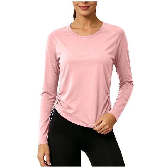 Qgtaibl Womens Workout Long Sleeve Shirts Round Neck Side Ruched Drawstring Athletic Tops Soft Stretchy Running Sports Tees Pink S