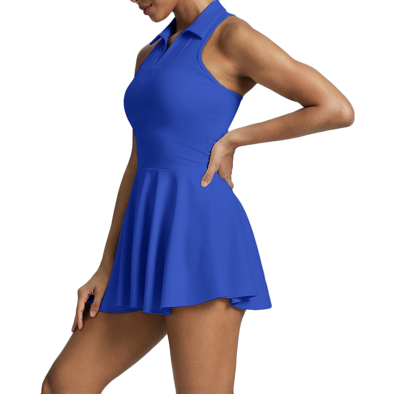 Qgtaibl Womens Workout V Neck Dresses Tummy Control Stretch Lapel Collar Mini Dress Fashion Pleated Flowy Tennis Dress Lightweight Breathable Athletic Dress Blue M