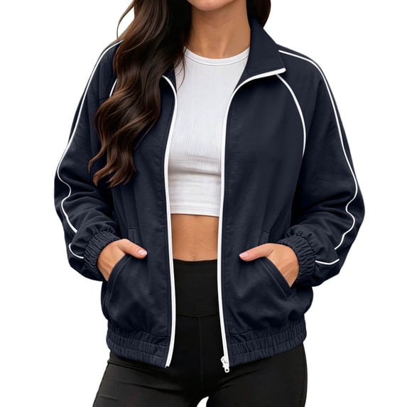 Qgtaibl Womens Zip Up Track Jacket Loose Fit Stand Collar Striped Outerwear with Pockets Long Sleeve Thin Fleece Windbreaker for Sports Daily Outing Black XL