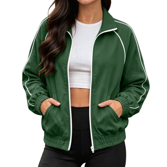 Qgtaibl Womens Zip Up Track Jacket Loose Fit Stand Collar Striped Outerwear with Pockets Long Sleeve Thin Fleece Windbreaker for Sports Daily Outing Green XXL