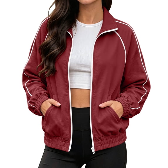 Qgtaibl Womens Zip Up Track Jacket Loose Fit Stand Collar Striped Outerwear with Pockets Long Sleeve Thin Fleece Windbreaker for Sports Daily Outing Wine L