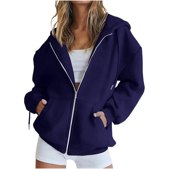 Qgtaibl Womens Zip Up Hooded Sweatshirt Oversized Long Sleeve Drawstring Hoodie Jacket Fall Fleece Sweatshirt Coat with Pockets Blue XXL