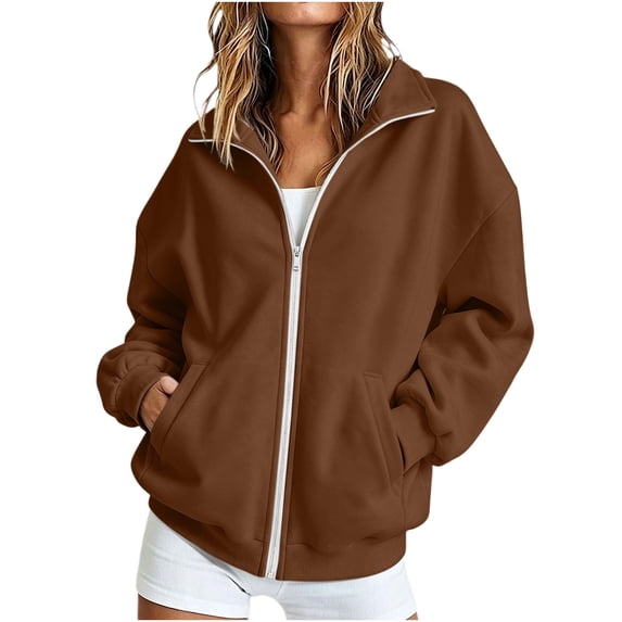 Qgtaibl Womens Zip Up Sweatshirt Jacket Oversized Stand Collar Long Sleeve Tops Casual Daily Lightweight Fleece Outer Coat with Pockets Brown M