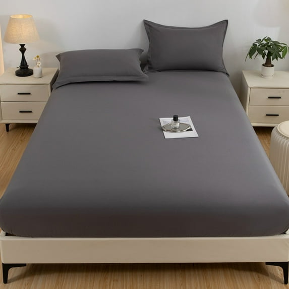 Qhnvtd Solid Color Fitted Sheet Set, Washed Polyester Mattress Pad and Pillowcase, Soft Breathable Bed Sheet Cover, Wrinkle-Resistant and Durable Bedding Easy Care Non-Slip Sleep Bedding