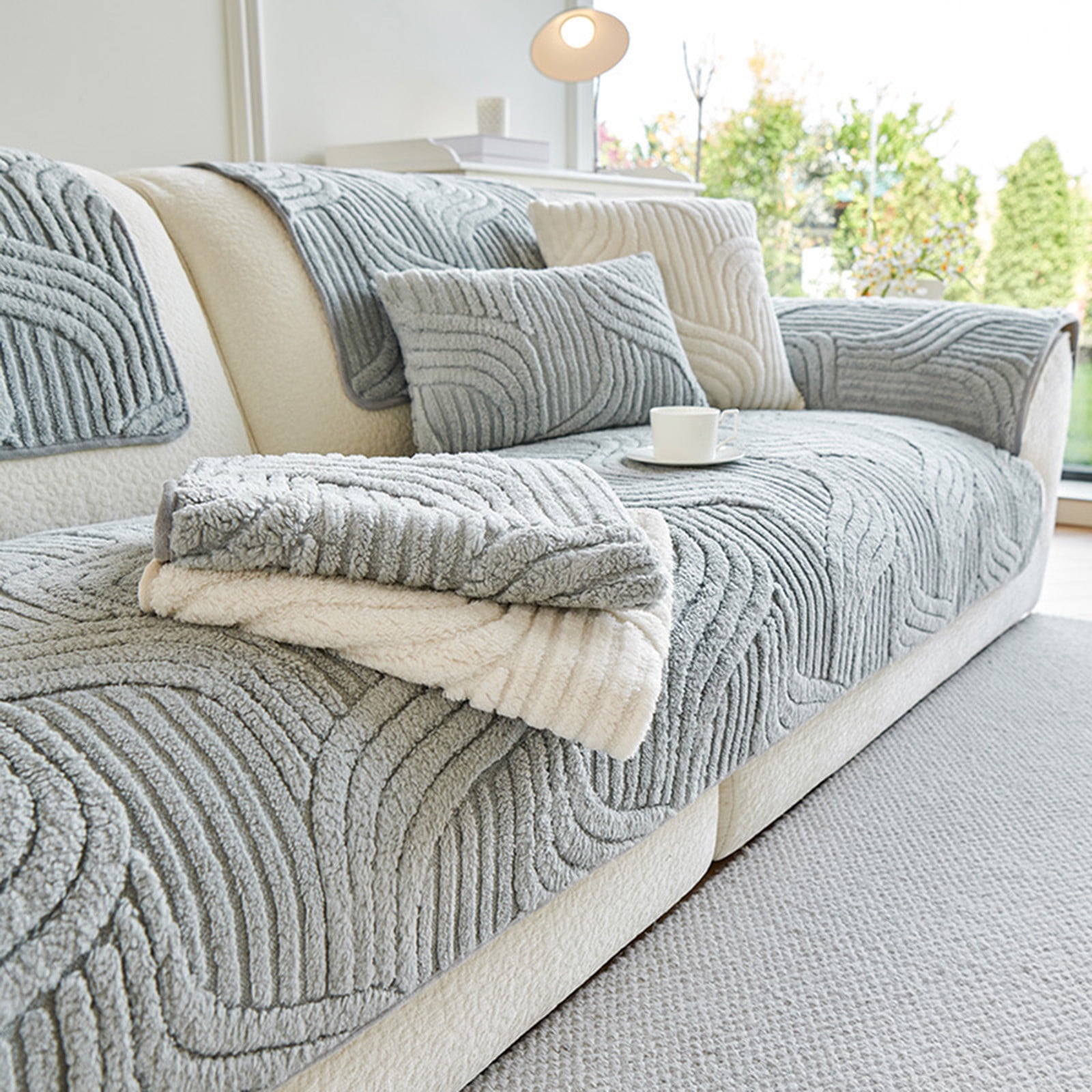 Qhnvtd Thick Sofa Cushion, Wool Sofa Pad and Couch Protector, Non Slip Washable Sofa Cover for 3 Seat Couch, Soft Comfortable Breathable Furniture Protector for Living Room Bedroom Office