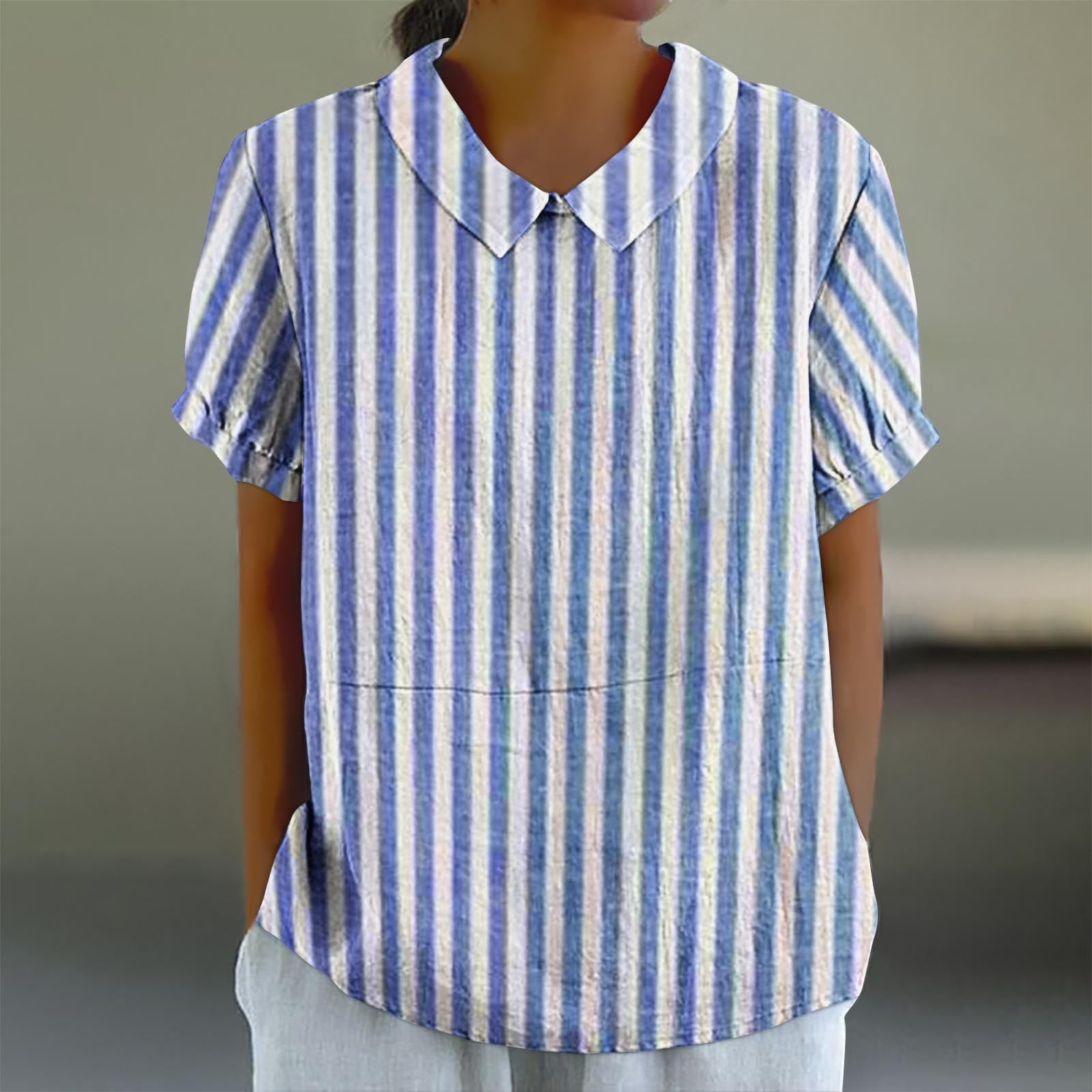 Blue Long Cotton Shirts for Women 3/4 Sleeve Loose Shirt C2071
