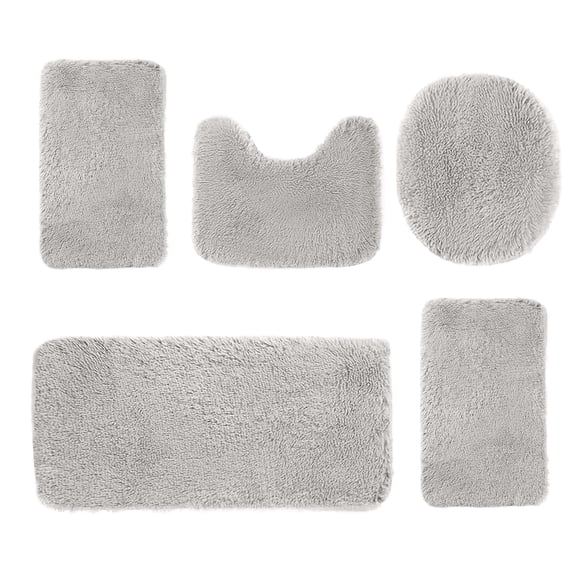 Qholemyo 5 Piece Solid Color Long Hair Bath Mat Set Non Slip Soft Toilet Rug Machine Washable Quick Dry