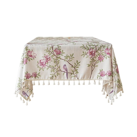 Qholemyo Floral Print Rectangular Tablecloth Imitation Linen Fabric Table Cover With Tassels For Dining And Coffee Table